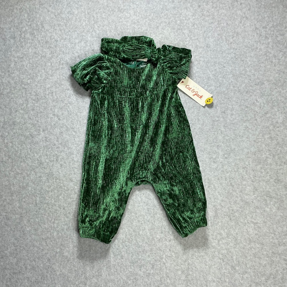 Cat & Jack Baby Girls Forest Green Crinkle Velvet Romper with Headband 0-3M NWT